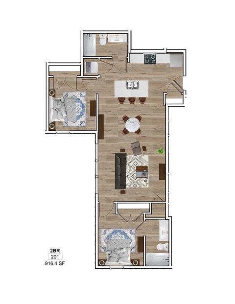 A floor plan of a house with a living room, dining room, kitchen, and two bedrooms.